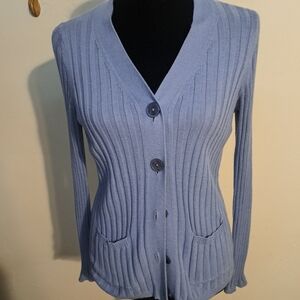 Talbots Blue Ribbed Sweater Size SM P.  Button Front.. Extra Long Sleeve